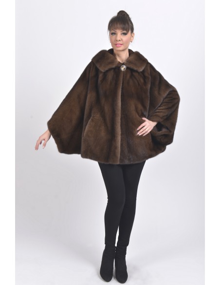 Oversized brown mink jacket with hood front side