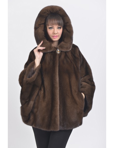 Oversized brown mink jacket with hood front side