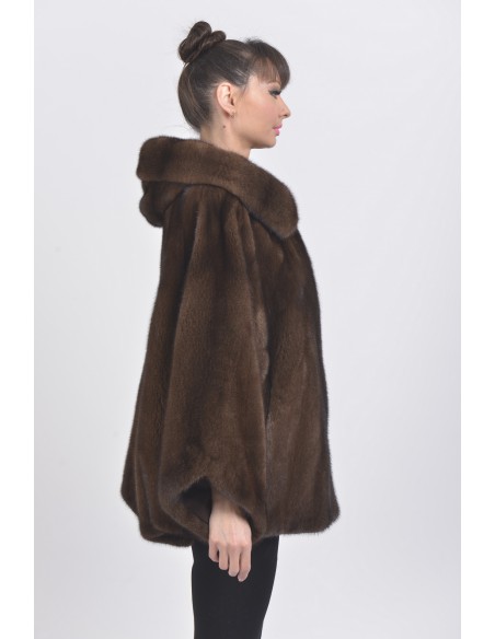 Oversized brown mink jacket with hood right side