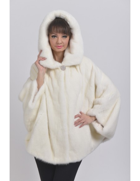 Oversized white mink jacket with hood front side