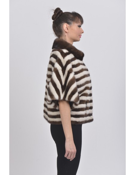 Pearl white and brown mink jacket with short sleeves right side