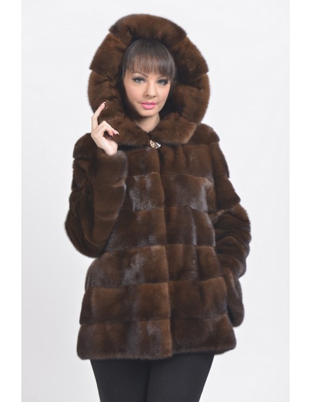 Brown mink jacket with hood front side