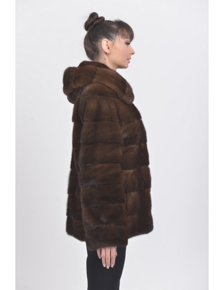 Brown mink jacket with hood right side